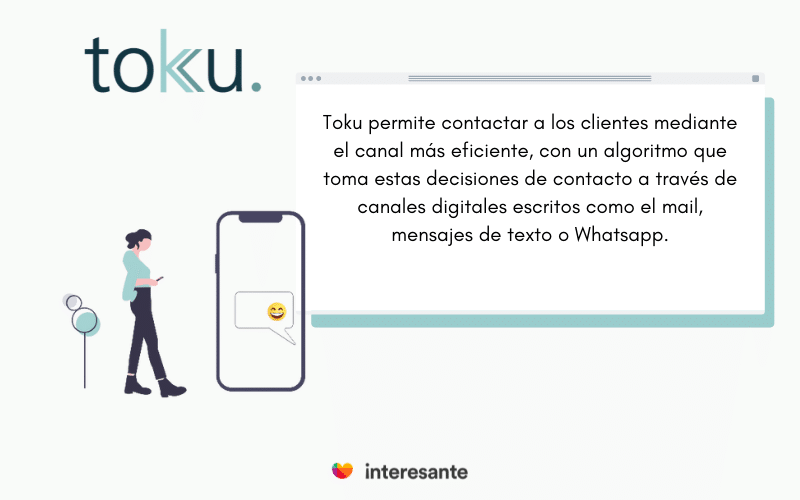 Toku permite contactar a los clientes mediante el canal más eficiente, con un algoritmo que toma estas decisiones de contacto a través de canales digitales escritos como el mail mensaje de texto a whatsapp