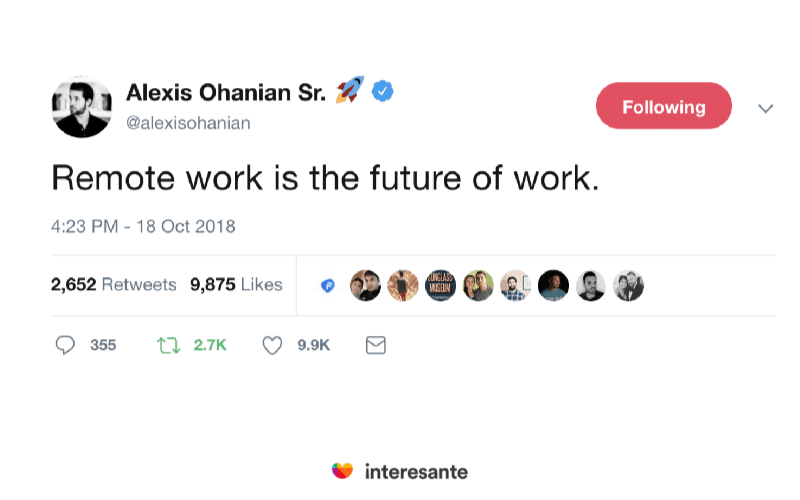 Tweet de Alexis Ohanian sobre trabajos remotos