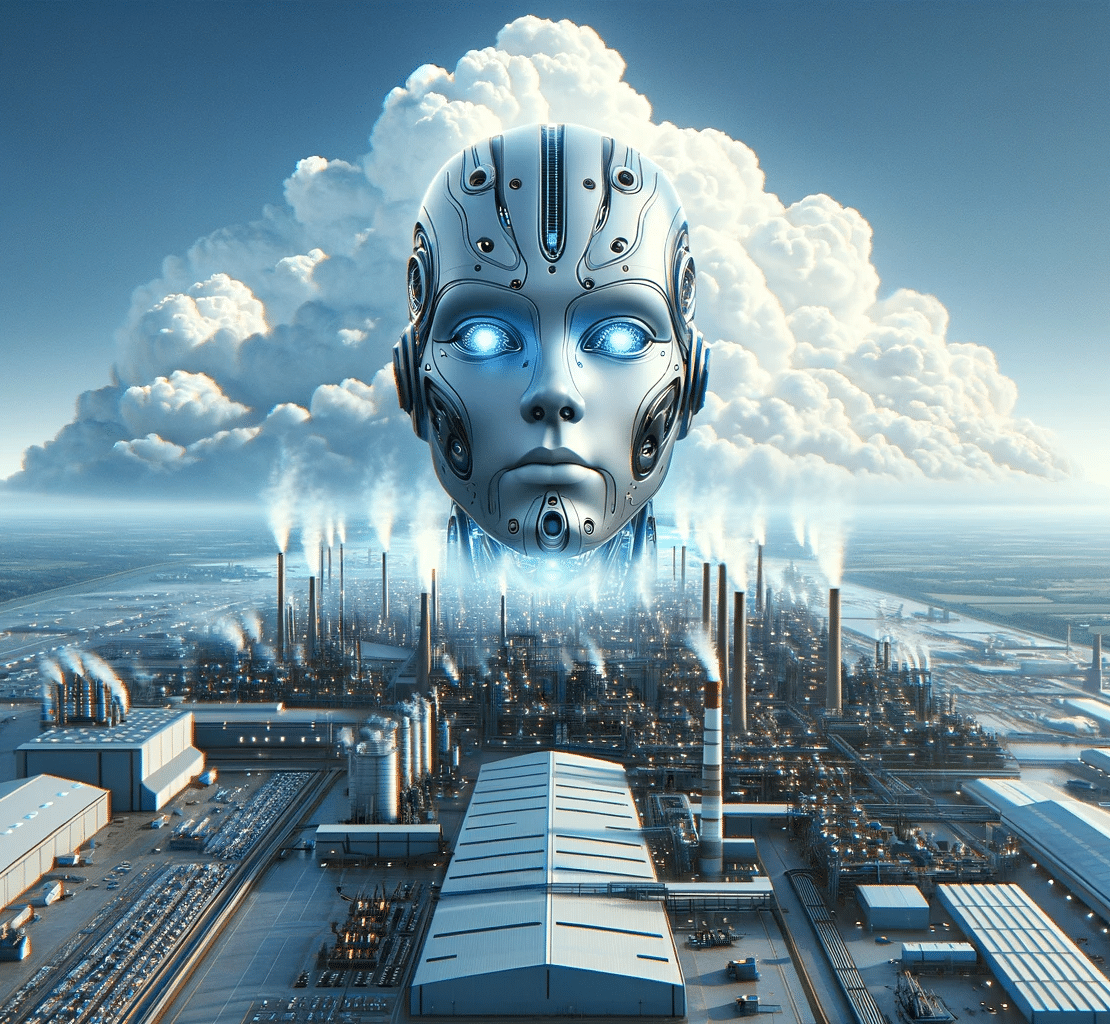 DALL·E 2024 01 11 21.49.33 Create an image of a robotic head, representing AI, with a god like presence, looking down upon a factory. The robot's head should be large and imposi