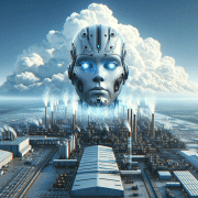 DALL·E 2024 01 11 21.49.33 Create an image of a robotic head, representing AI, with a god like presence, looking down upon a factory. The robot's head should be large and imposi