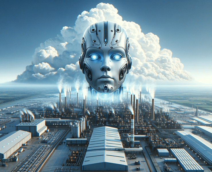 DALL·E 2024 01 11 21.49.33 Create an image of a robotic head, representing AI, with a god like presence, looking down upon a factory. The robot's head should be large and imposi