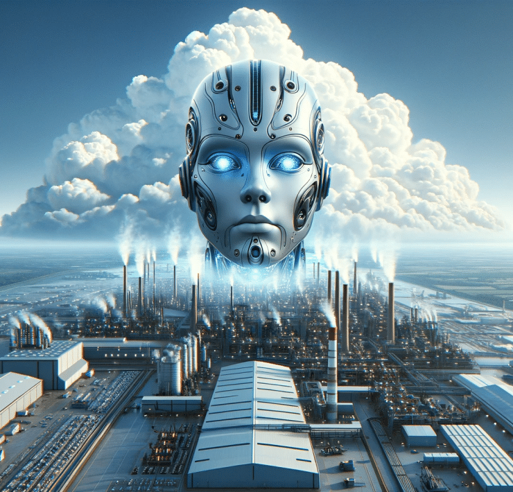 DALL·E 2024 01 11 21.49.33 Create an image of a robotic head, representing AI, with a god like presence, looking down upon a factory. The robot's head should be large and imposi