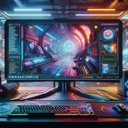DALL·E 2024 02 01 19.44.23 A futuristic, ultra realistic gamer setup in 8K resolution, viewed from a slightly further distance to encompass more of the environment. The highly v