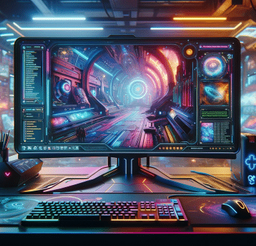 DALL·E 2024 02 01 19.44.23 A futuristic, ultra realistic gamer setup in 8K resolution, viewed from a slightly further distance to encompass more of the environment. The highly v